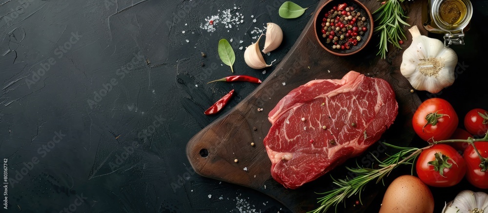 Cooking raw ribeye beef steak with ingredients, with space for text.