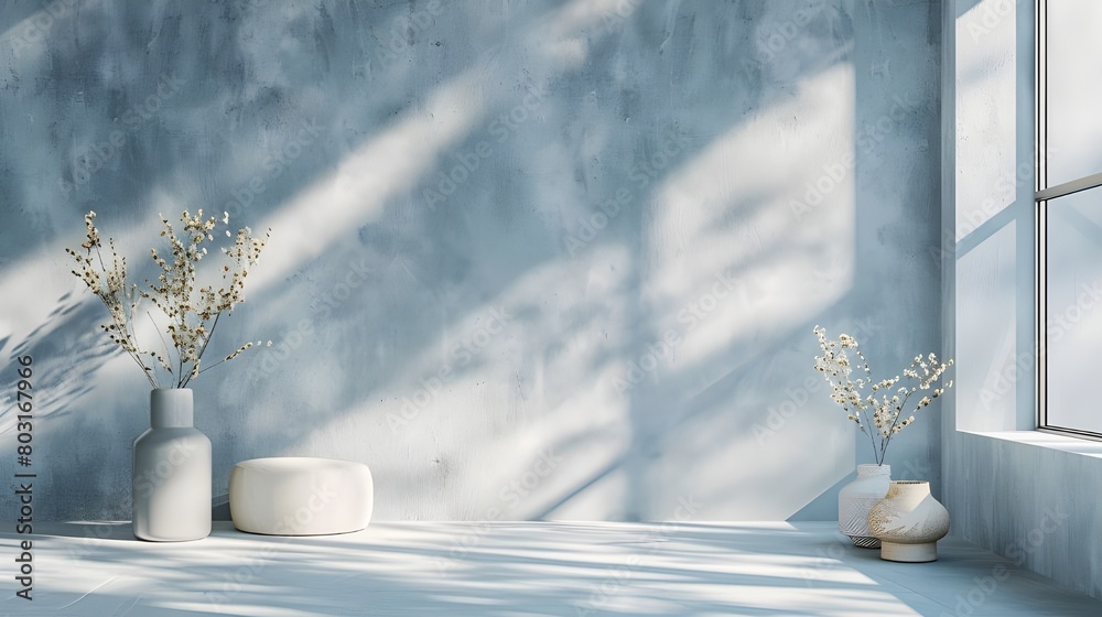 Empty room with blue wall and sunlight. 3d rendering mock-up Empty room with blue wall and sunlight. 3d rendering mock-up