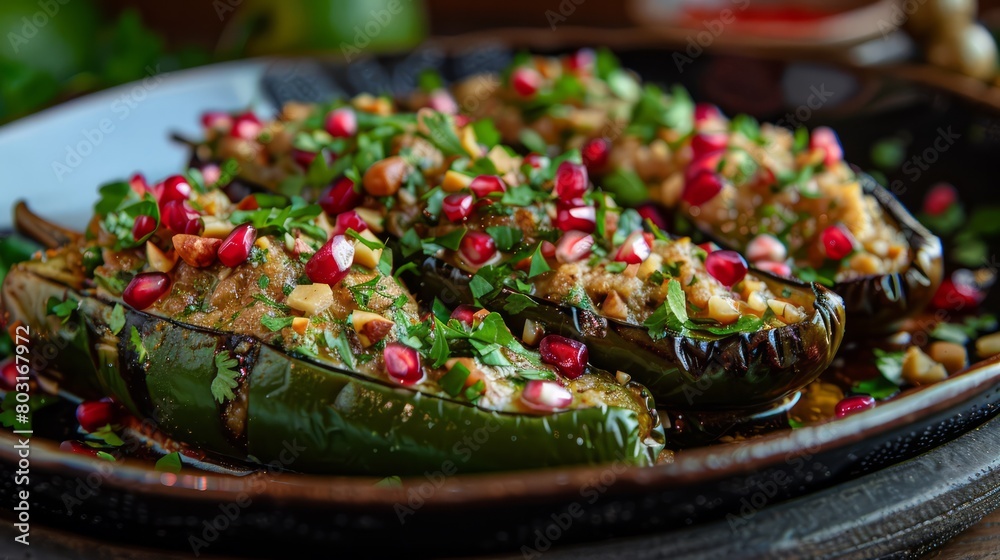 Plate of stuffed peppers with a garnish of parsley and pomegranate seeds