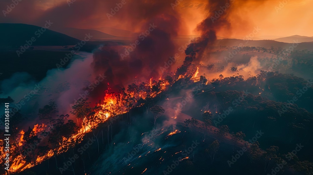 Capture the intense beauty of a wildfire from a high-angle perspective, blending minimalist designs with vivid flames and smoke Emphasize unexpected camera angles for a striking, unforgettable image