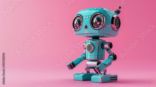 The cute robot stands on a pink background © SHI