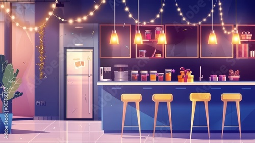 Modern cartoon background illustration of an office break room with kitchen and garland. Festive coffee rest company hall with gifts. Modern canteen furniture concept illustration.