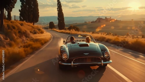 Couple is driving a convertible car. People ride in fashionable retro cabriolet. A fun road trip. Beautiful vintage car. Summer auto travel. Happy holidays. Weekend adventure. Romantic date. photo