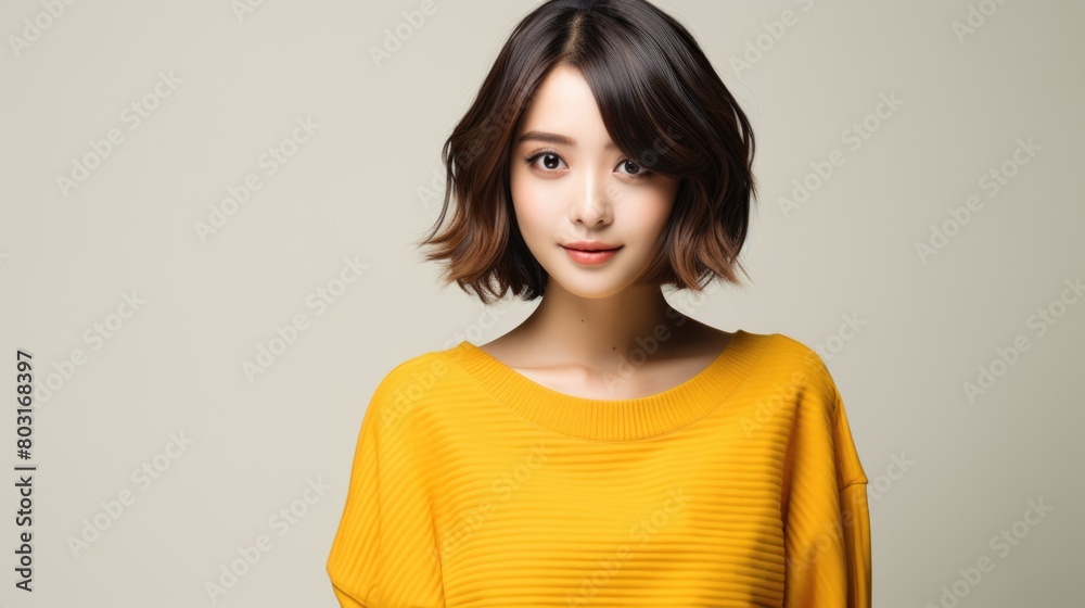 Youthful Asian Woman in Stylish Yellow Outfit with Charming Smile