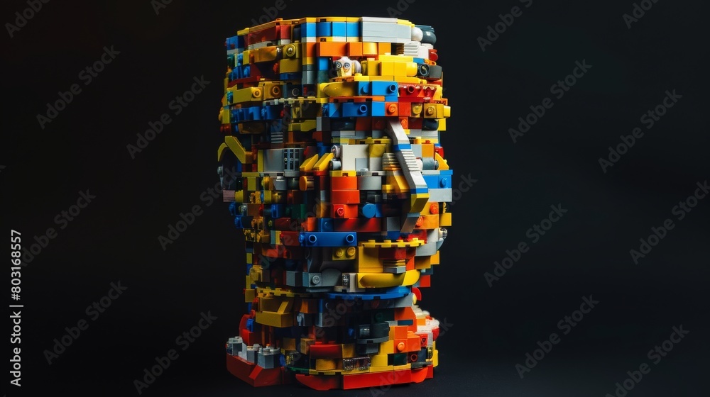 Artistic LEGO portrait on a cylindrical base with vibrant colors and creative design