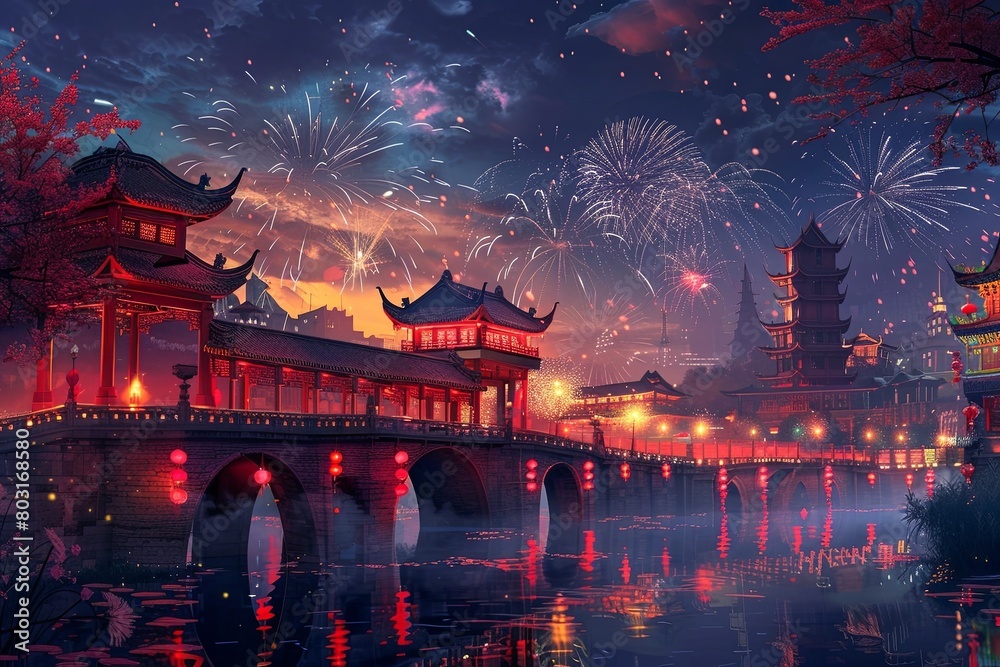 Obraz premium Chinese style ancient architecture, a red bridge, the river water surface, fireworks blooming in the sky, an ancient city background