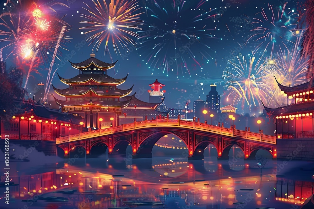 Chinese style ancient architecture, a red bridge, the river water surface, fireworks blooming in the sky, an ancient city background