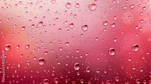 Water drop texture on red glass background. Realistic dew bubble pattern on strawberry color surface. 3D abstract liquid drink graphic design wallpaper. Condensation flow on window.