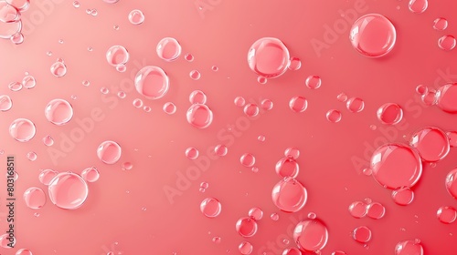 The image depicts a modern water drop texture on a red glass background. A realistic dew bubble pattern is visible on a strawberry color surface. 3D abstract liquid beverage graphic design wallpaper.