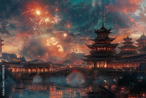 Chinese style ancient architecture  a red bridge  the river water surface  fireworks blooming in the sky  an ancient city background