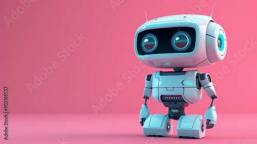 The cute robot stands on a pink background © SHI