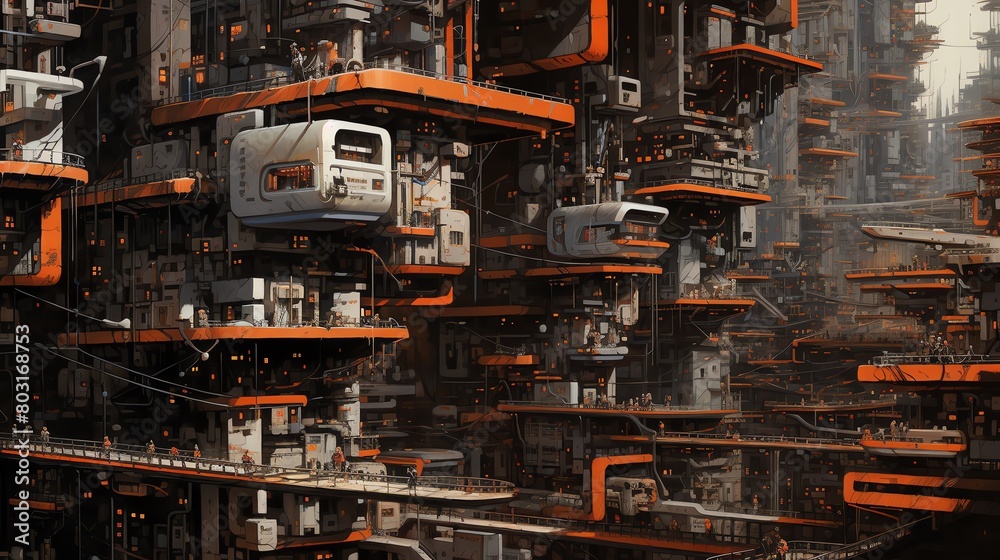 Capture the intricate decay of a futuristic cityscape in acrylic paint, high-angle view revealing hidden corners and twisted structures Blend dystopian visions with unexpected camera angles to convey