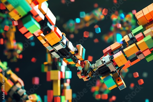 Capture the intricate dance of long shot robotic arms manipulating colored blocks in a mesmerizing pixel art style, showcasing a harmonious blend of technology and creativity