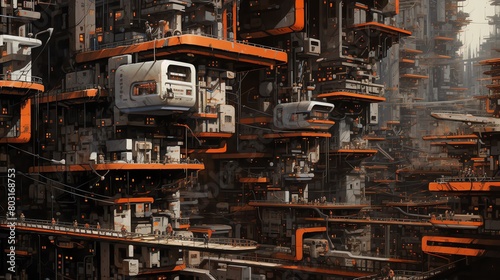 Capture the intricate decay of a futuristic cityscape in acrylic paint, high-angle view revealing hidden corners and twisted structures Blend dystopian visions with unexpected camera angles to convey