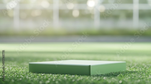 a square empty platform for product presentation on a green soccer pitch against a blurred background. photo