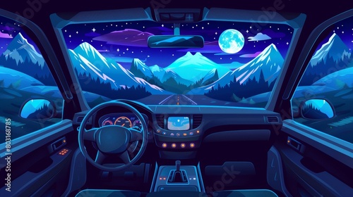 The following is a modern illustration showing a dashboard in an automobile with a steering wheel and a map navigation display on the panel. The scene is set against a rocky landscape with a full