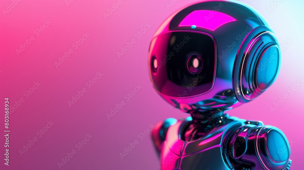 The cute robot stands on a pink background