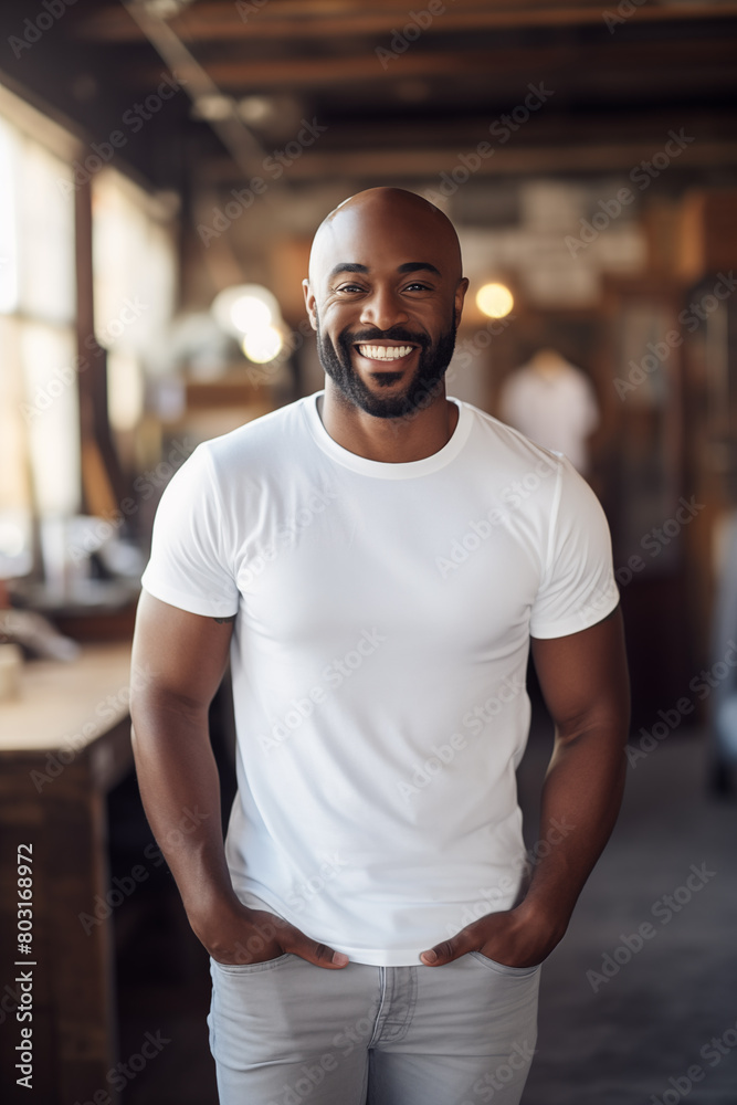 A Black man wearing a plain white T-shirt