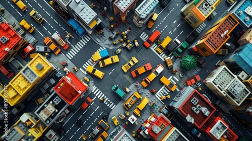 Detailed LEGO model of a bustling city intersection with cars, buses, and pedestrians