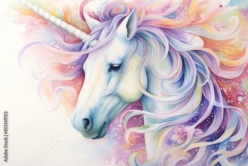 Capture the intricate details of a majestic unicorns mane in a colorful watercolor medium from a high-angle perspective, showcasing the latest fashion trends