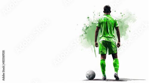 Green watercolor painting of soccer man player in action view from back
