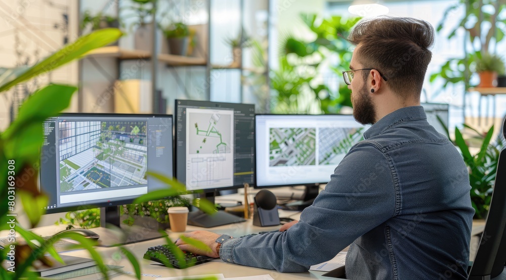A young male architect is using computer architectural design software to create blueprints for a construction project in a modern office A young male architect is using computer architectural design software to create blueprints for a construction project in a modern office