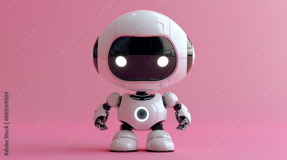 The cute robot stands on a pink background