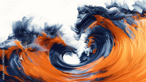 An image showcasing powerful waves swirling in shades of bright orange and navy blue, crisply contrasted against a pure white background, resembling a photograph taken in ultra high resolution.