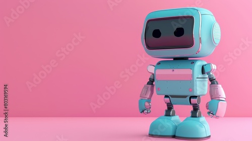 The cute robot stands on a pink background