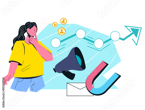 Strategic planning and digital marketing strategy, SMM manager thinks through an advertising campaign, flat vector illustration isolated on white background.