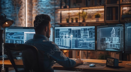 A young male architect is using computer architectural design software to create blueprints for a construction project in a modern office