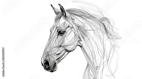 continuous line art drawing of a horse head  greyscale only  isolated on a white background 