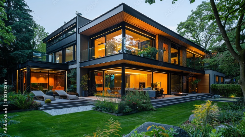 A large house with a lot of windows and a large yard. The house is surrounded by trees and has a modern design A large house with a lot of windows and a large yard. The house is surrounded by trees and has a modern design