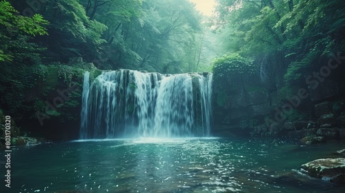 A waterfall is flowing into a pool of water. The water is clear and calm. The scene is peaceful and serene