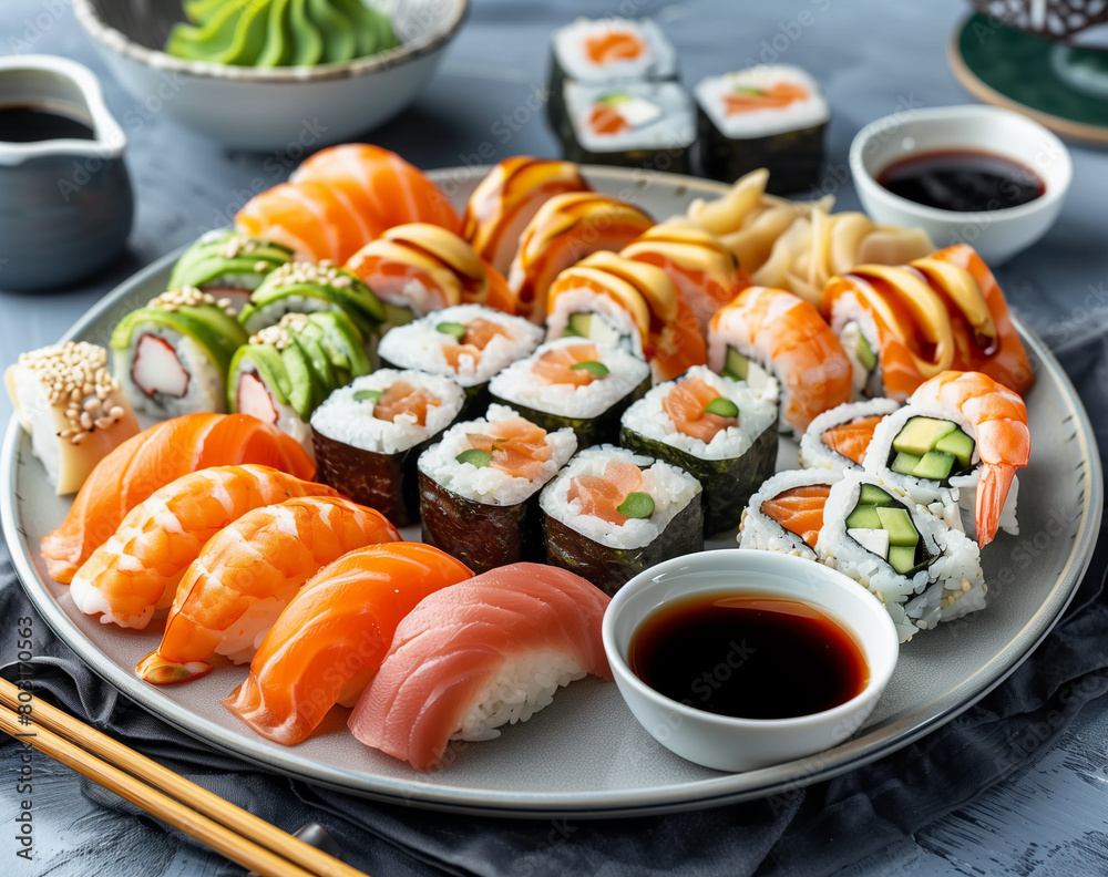 Colorful platter of sushi with all the different types, sashimi and maki rolls on grey plate with soy sauce and chopsticks side view. Asian food concept Colorful platter of sushi with all the different types, sashimi and maki rolls on grey plate with soy sauce and chopsticks side view. Asian food concept