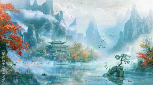 Chinese style landscape painting, mountains and water with clouds in the background