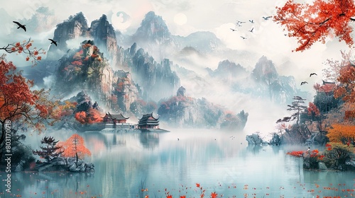 Chinese style landscape painting, mountains and water with clouds in the background