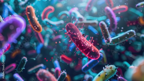 Concept of microscopic microbiome view of bacteria culture in the gut, healthy microorganisms, pathogen and cells macro shot, colorful biology and virology background