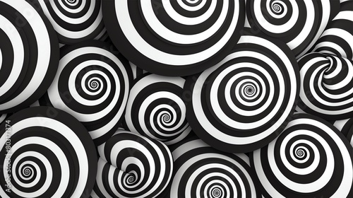 a seamless, high-resolution, 3D rendering of a bunch of black and white spiral lollipops. Make the spirals appear to recede into the distance, and make the colors pop. photo