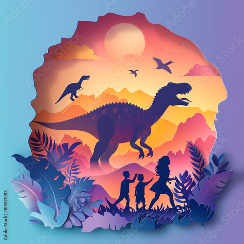 Paper cut happy family silhouette enjoying rest at dinosaurs park. Artificial prehistoric environment amusement attraction