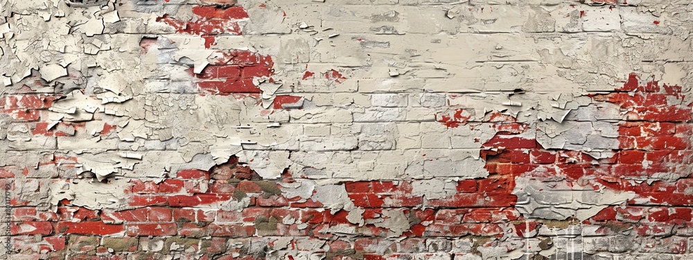 Textured Red and white Brick Wall, Close-up of a brick wall with peeling red paint, creating a rugged texture.