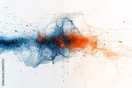Dynamic explosion of blue and orange particles with abstract network