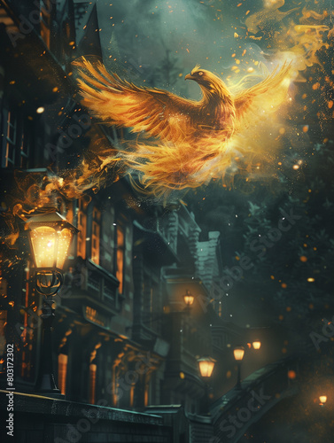 phoenix flying through street - fantasy illustration - generative ai