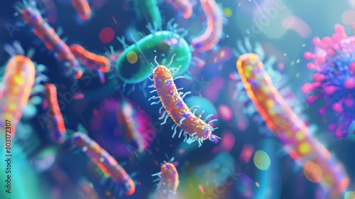 Concept of microscopic microbiome view of bacteria culture in the gut, healthy microorganisms, pathogen and cells macro shot, colorful biology and virology background photo