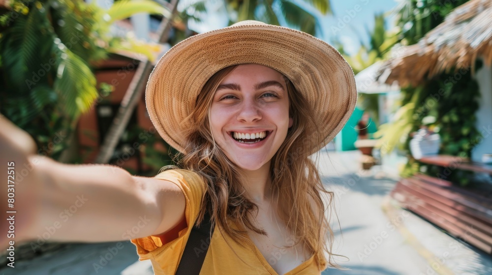 Happy young woman in a straw hat smiles for a selfie on her tropical vacation