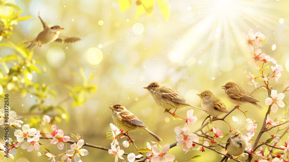 flock of birds sitting on a tree branch flock of birds sitting on a tree branch