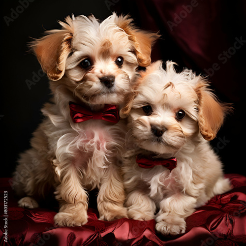 petits caliches bisous,,little dogs black eyes brown ear pink ribbon black bag round generate ai photo