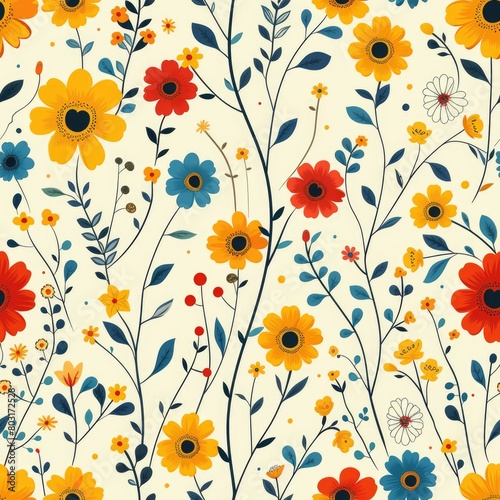 Vibrant Floral Pattern with Red and Yellow Blooms and Lush Leaves