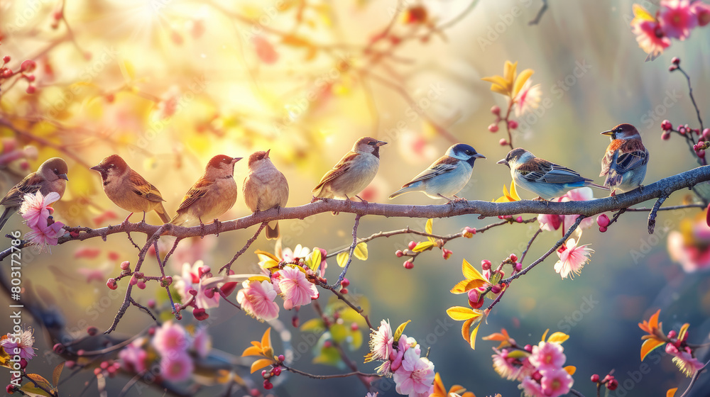 flock of birds sitting on a tree branch