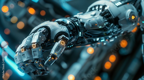 CG 3D rendering of a futuristic Robot Exoskeleton, showcasing intricate metallic details and glowing power sources from an aerial viewpoint